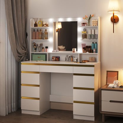 Make-up Tafel – Kaptafel – Visagie Tafel – Beauty Tafel – Dressing Table – LED Verlichting 10 Lampen – Grote HD Spiegel & 9 Opbergvakken – Wit Gouden Afwerking