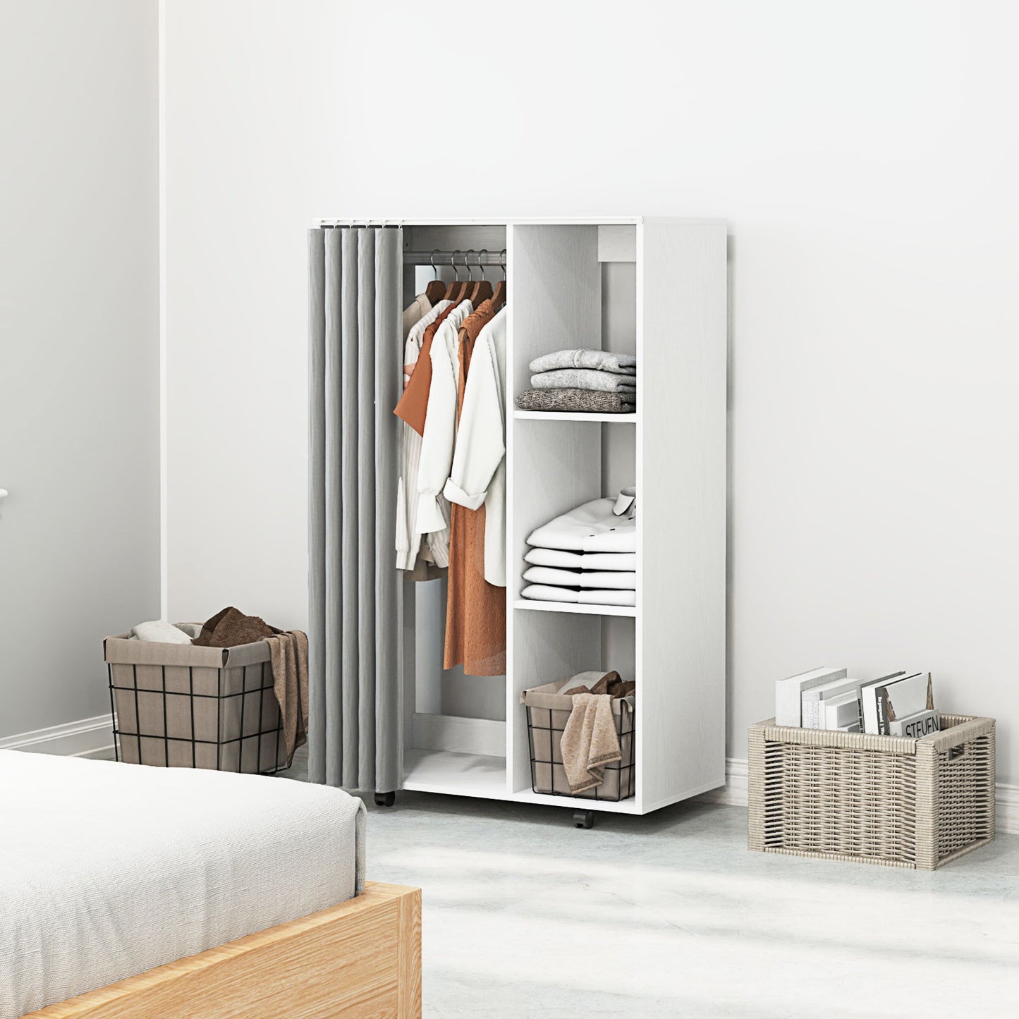 HOMCOM Wardrobe Closet Storage Furniture Mobile 6 Wheels with Clothes Rail And Open Shelves, Rolling Wardrobe Dressing Room for Bedroom, Dim. 80 X 40 X 128 Cm, White
