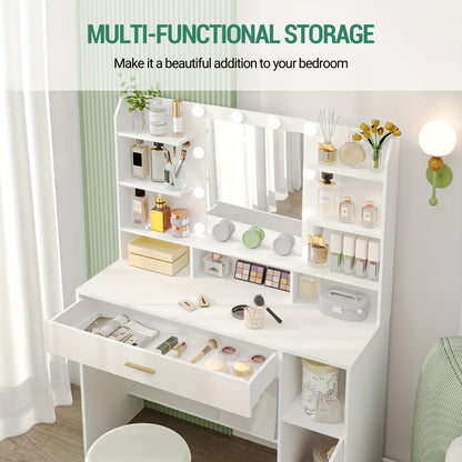 Kaptafel – Make-uptafel – Schminktafel – Dressing Table – Schoonheidstafel – Wit – Grote Tafelblad – Instelbare Verlichting