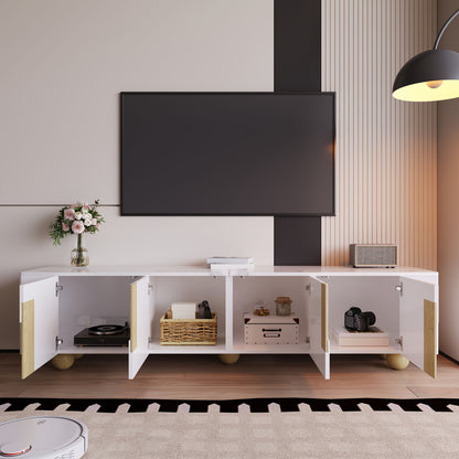 Tv Meubel – TV Kast – Televisiekast – TV Dressoir – TV Meubels – 180 cm Breed – Wit Met Marmerlook Blad – 4 Deuren – Stevige Bolvormige Houten Poten