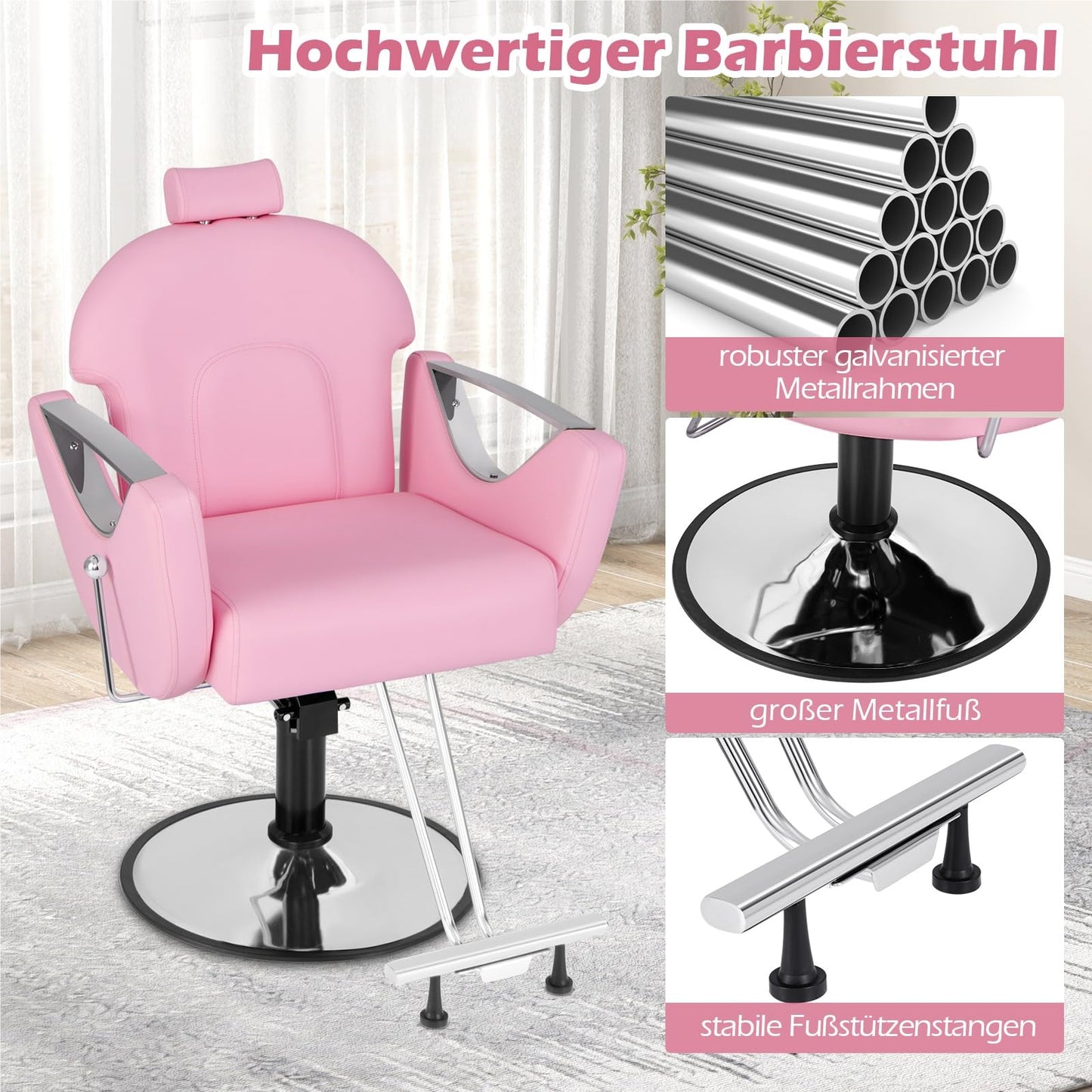 Verstelbare Barbierstoel – Kappersstoel – Schoonheidsstoel – Salonstoel – Tattoo Stoel – 360° Draaibaar – Hydraulisch Verstelbaar – Max 150Kg – Roze