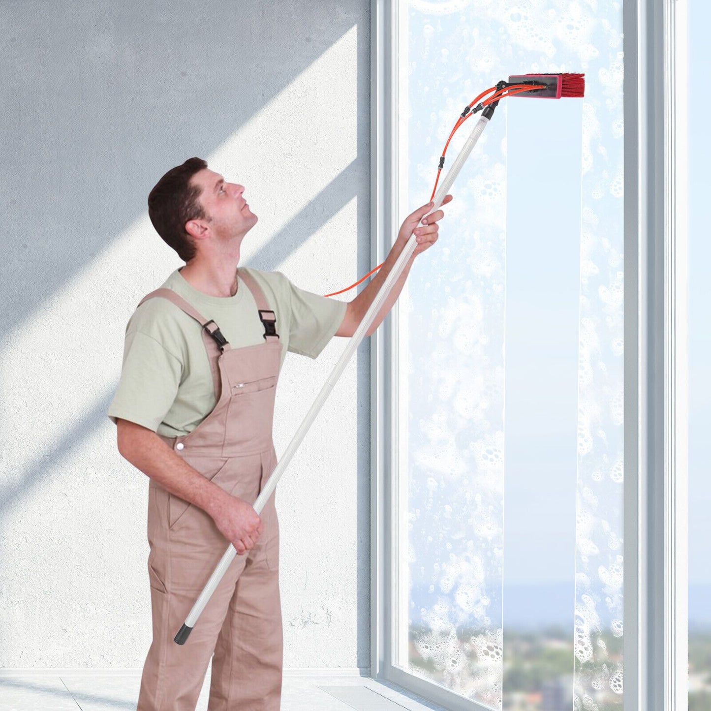 Waterborstel – Ramenborstel – Reinigingsborstel – Zonnepanelenborstel – Verandaborstel – Uitschuifbare Steel 1-8 Meter – 20 Meter Waterslang – Verstelbare Borstelkop 180° – Rood