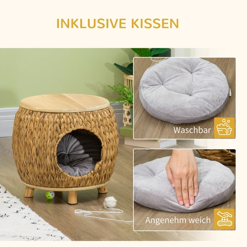 Kattenhol – Kattenhuis – Kattenmand – Kattenbed – Kattenhut – Lichtbruin – Waterhyacint Gras – Wasbaar Kussen – 44x43x42 cm