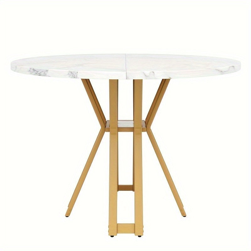 Ronde Eettafel – Rond Tafel – Eettafel Rond – Ronde Tafel – Moderne Eettafel – Wit Marmerlook Blad – Stevige Gouden A-Frame Poten