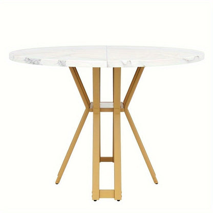 Ronde Eettafel – Rond Tafel – Eettafel Rond – Ronde Tafel – Moderne Eettafel – Wit Marmerlook Blad – Stevige Gouden A-Frame Poten
