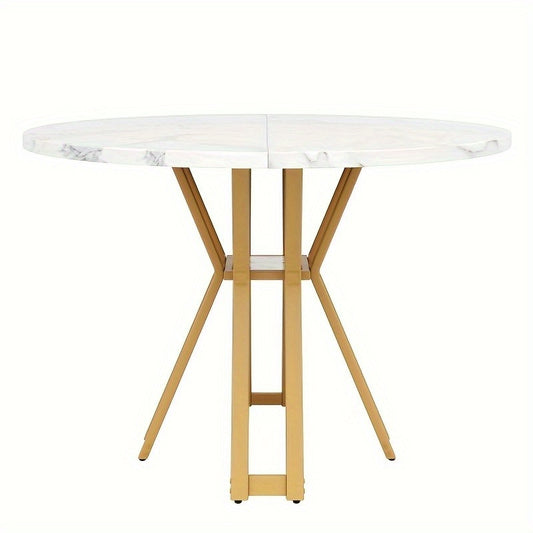Ronde Eettafel – Rond Tafel – Eettafel Rond – Ronde Tafel – Moderne Eettafel – Wit Marmerlook Blad – Stevige Gouden A-Frame Poten