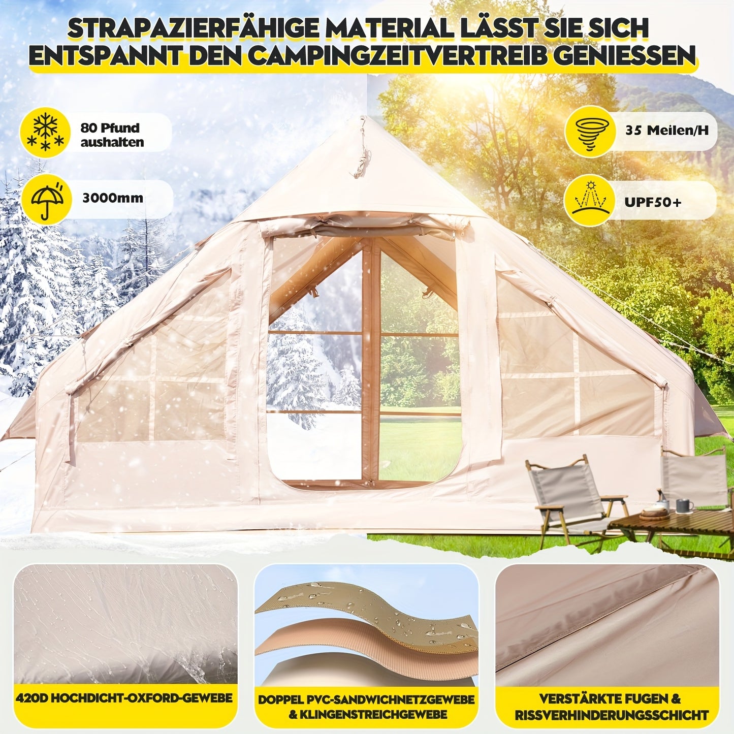 Tent – Kampeertent – Opblaasbare Tent – Familietent – Outdoor Tent – 10 Personen – 12 m² – Waterafstotend Oxford Polyester – Snelle Opzetbare Inflatable