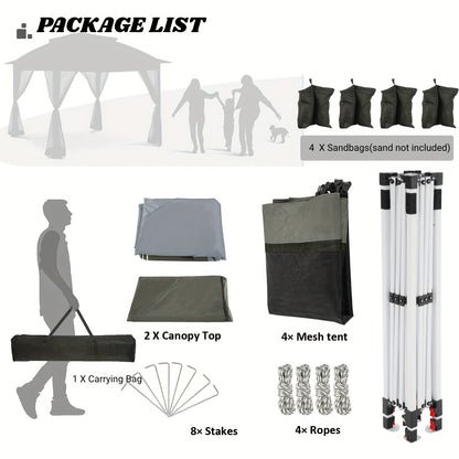 Pop-Up Partytent – Tuigentent – Paviljoen – Terrastent – Muggennet Tent – Pop-Up Snel Opzetten – Dubbel Ventilatiedak – 3,6x3,6m – Khaki