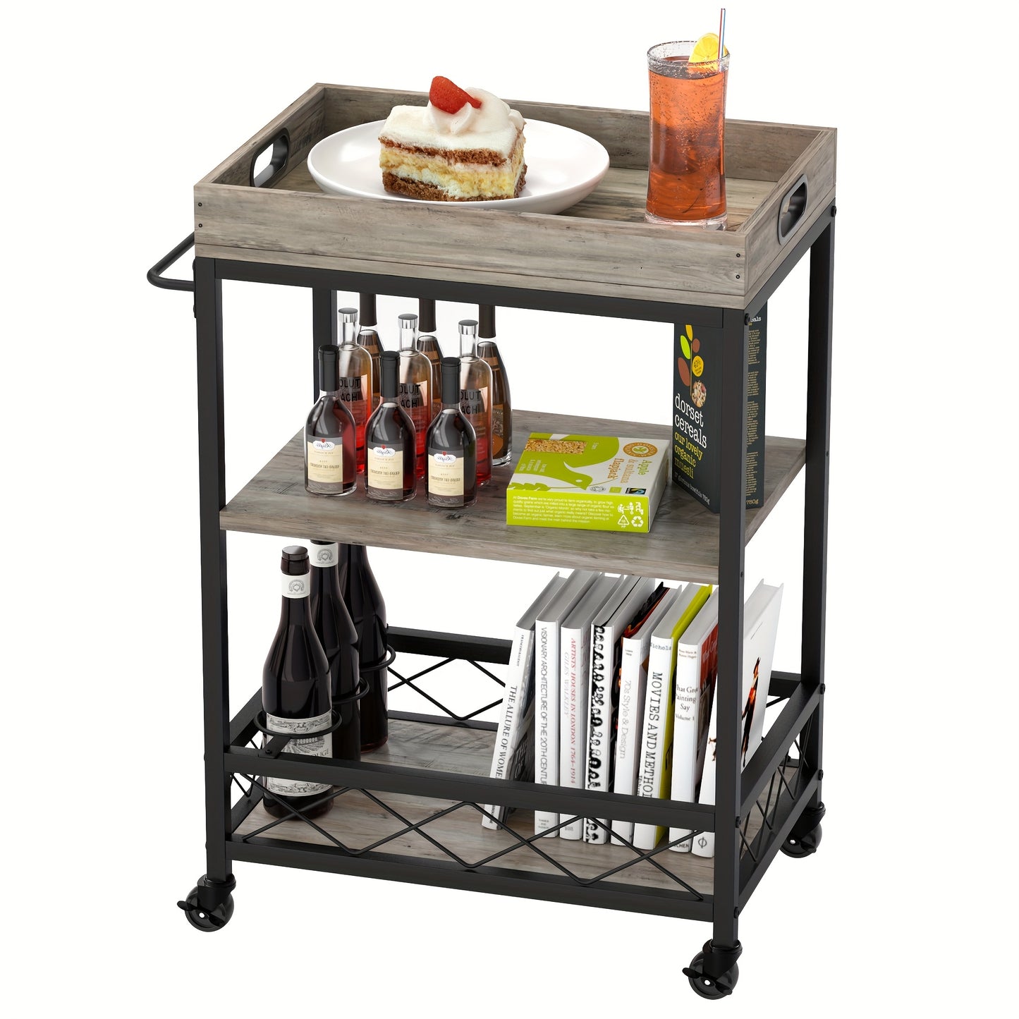 Barwagen – Serveerwagen – Trolley – Wijnwagen – Drankwagen – 3 Lagen – Vintage Industrieel Design – Hout Metaal – Wijnrek – Afneembare Bovenste Tray – Mobiel & Ruim