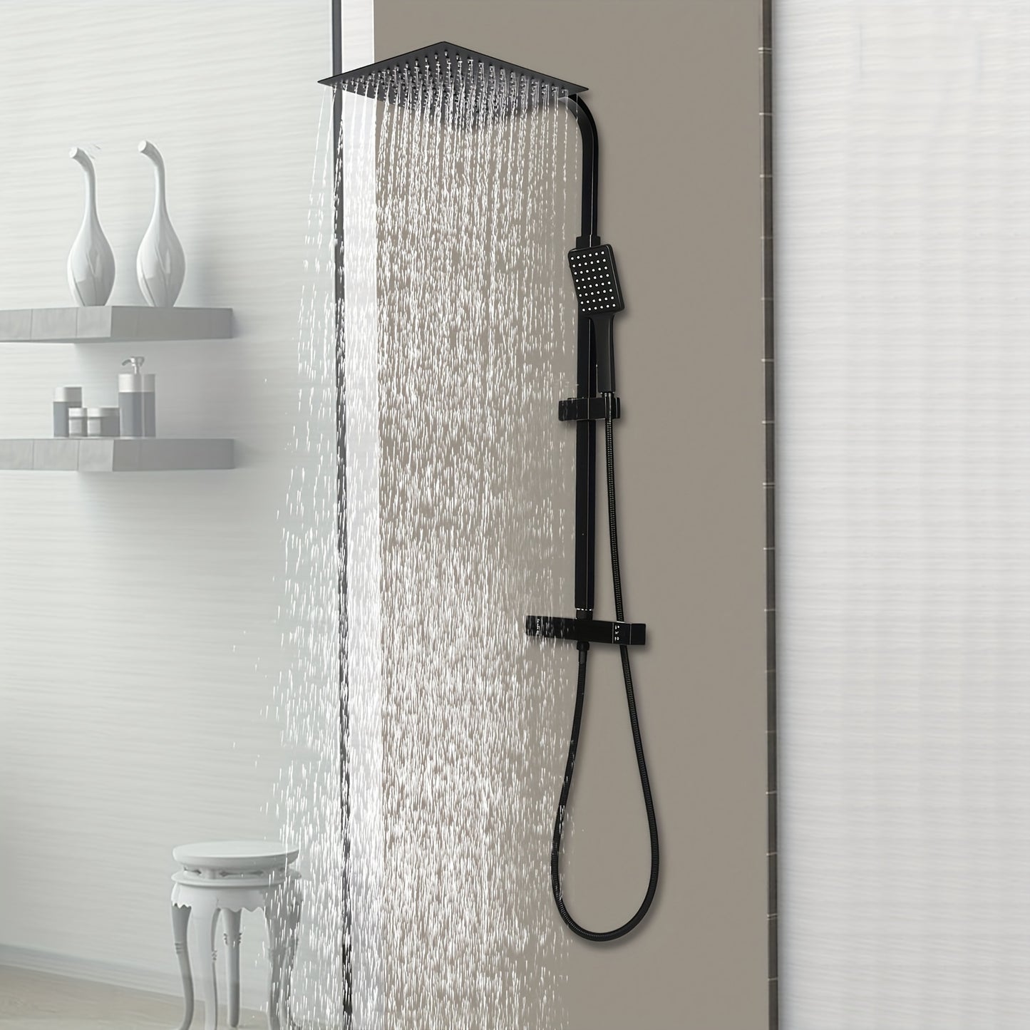 Doucheset – Regendouche Set – Douche Systeem – Douchekraan – Zwart Thermostaat – RVS Materiaal – Verstelbare Hoogte 80-122 cm – Veiligheidsvergrendeling 38°C