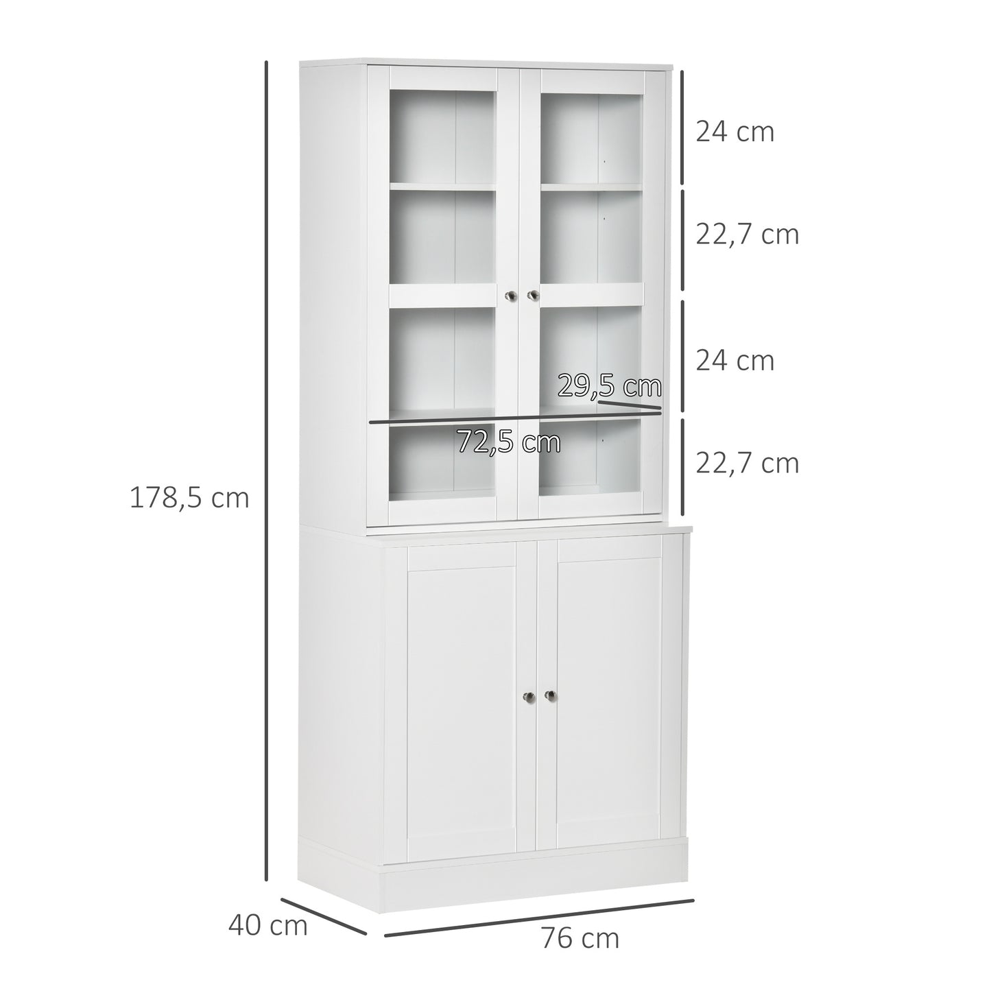 Vitrinekast – Boekenkast – Opbergkast – Glazen Kast – Dressoir – Wit – 178,5 cm Hoog – MDF Met Gehard Glas
