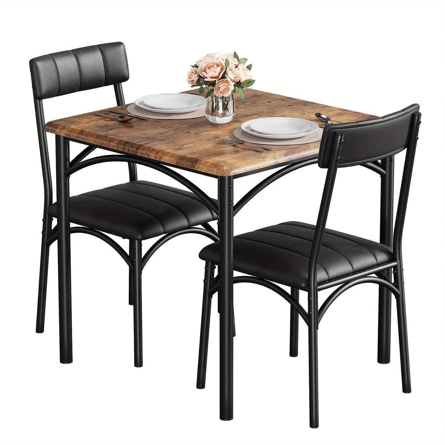 Eettafelset voor 2 Personen – Bistroset – Eettafel met Stoelen – Keukentafelset – Compacte Eettafel – Ruimtebesparend Ontwerp – Houten Tafelblad met Zwart Metalen Frame