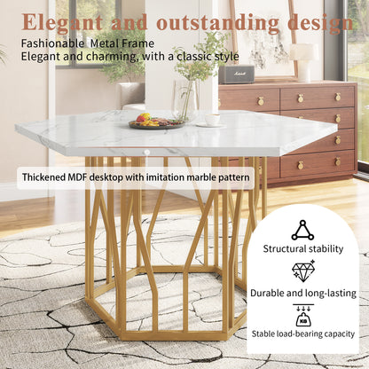 BTM Modern Hexagon Dining Table 115.5×100×75 cm, Marble-Look MDF Tabletop, Geometric Design Kitchen Table for Living Room & Kitchen, Golden
