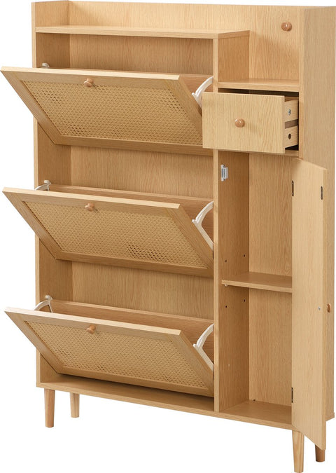 Houten Rotan Schoenenkast - Schoenenkast met 3 Schuine Deuren en 1 Lade - Massief Houten Poten en Handgrepen - Voor Smalle Ingangen - 90 x 125 x 17 cm