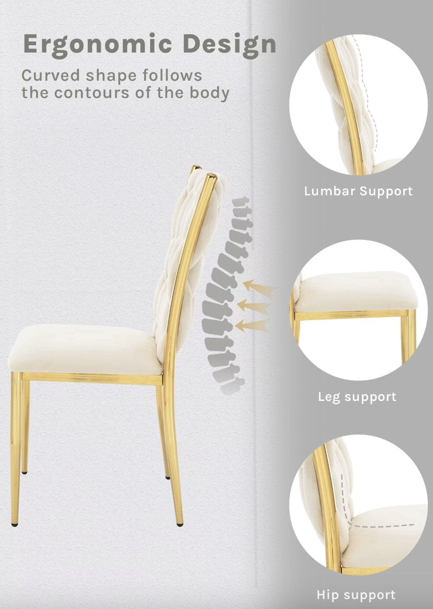 Dining chair - Set of 2 chairs - Velvet dining chair - Dining room chairs - Dining table chair - Velvet - Velvet - Braided pattern - Gold leg - Metal - White - Gold