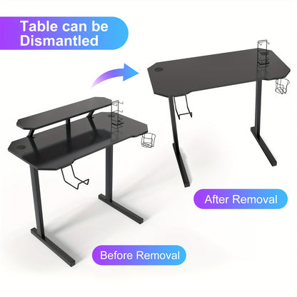 Gaming Bureau – Gaming Tafel – Game Desk – Computerbureau – Werkplek – Carbon Fiber Blad – 100x55x74 cm – Extra Groot Met Display Rek – Bekerhouder & Headphone Hook