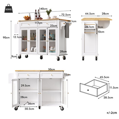 Keukenwagen – Serveerwagen – Barwagen – Opbergwagen – Mobiele Keukenwagen – Met Glazen Deuren – Grote Lade – Wieltjes Met Remmen – Duurzaam MDF Houtpanelen – Uitklapbaar Werkblad