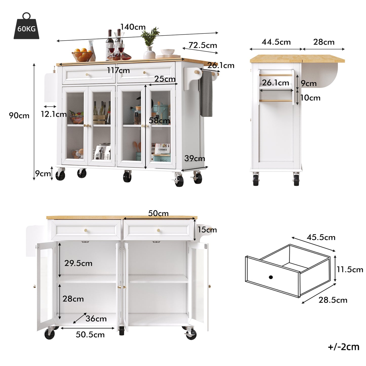 Keukeneiland op Wielen – Serveerwagen – Werktafel – Buffetkast – Opbergmeubel – Wit – Met Glazen Deuren – 5 Zwenkwielen Met Remmen – Verstelbare Planken en Lade