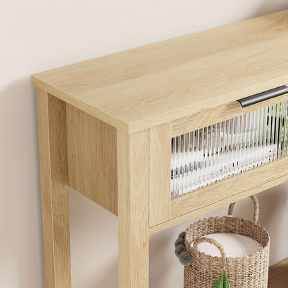 109.22cm Modern Narrow Console Table with Glass Doors & 2-Tier Storage - Space-Saving Hardwood MDF Construction, Wood Finish Entryway Sofa Table with Lower Shelf & Upper Display Area for Living Room, Hallway, Bedroom - Easy A