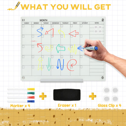 Whiteboard Kalender – Whiteboard Bord – Planbord – Schrijfbord – Organisatiebord – Wit – 90x60 cm – Glad Keramisch Oppervlak – Inclusief 4 Kleuren Markers en Wisser