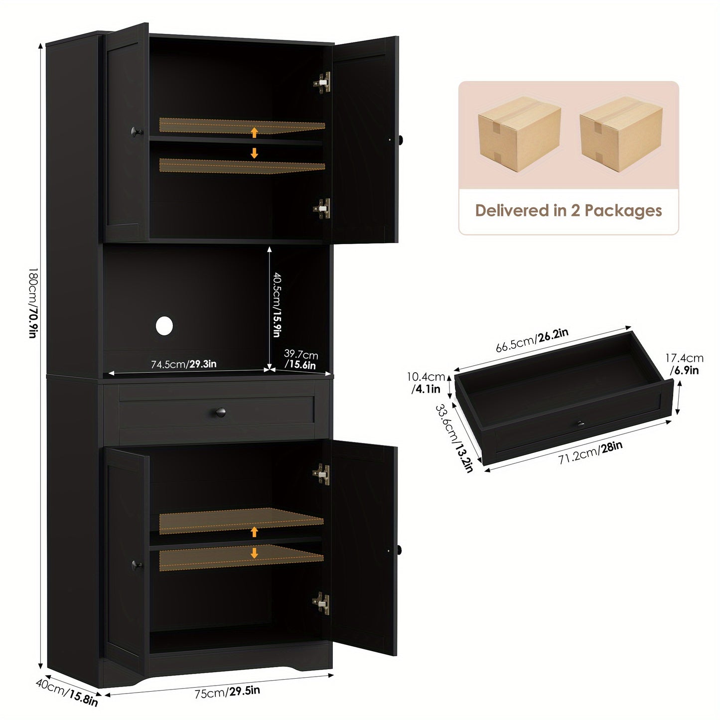Keukenkast – Keukenmeubel – Opbergkast – Buffetkast – Keukenonderkast – Groot Werkblad – Stevig Hout – Met Laden en Dubbele Deuren – Hoogte 69 cm – Wit met Houtaccent