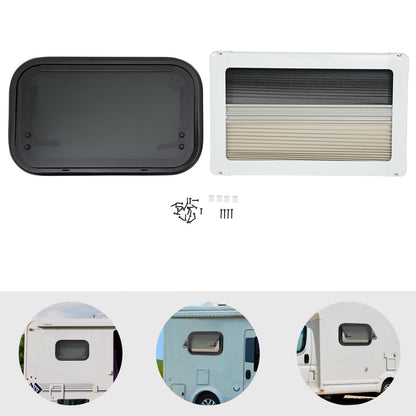 Caravanraam – Camperraam – Schuifraam – Uitzetraam – Zijraam – Aluminium Frame – Zwart Gehard Glas – 500x300mm – Inclusief Hor en Zonwering