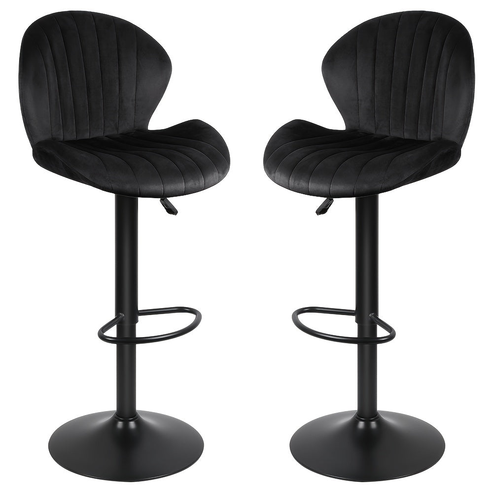 2 Velvet Bar Stools With Shell-Shaped Backrest & Footrest | Small Apartment Bar Stools Space-Saving Swivel Design| Heavy-Duty 150kg Capacity Commercial Grade Stools | Art Deco Shell Backrest Curved Ergonomic Support