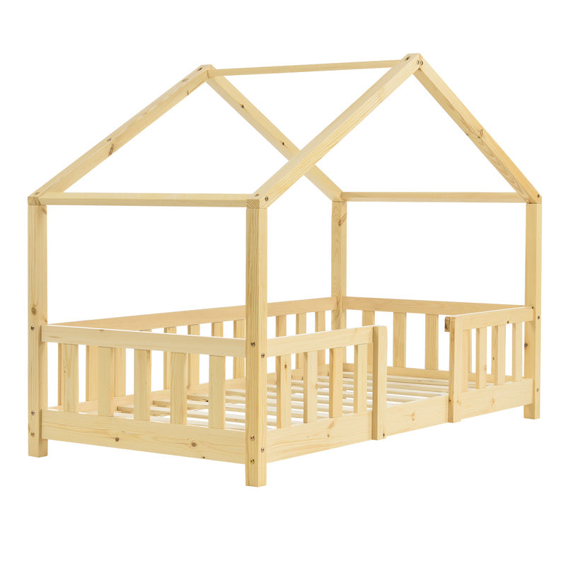 Kinderbed – Kinderbedden – Eenpersoonsbed – Hoogslaper – Stapelbed – Huisvormig Design – Valbeveiliging – Grenenhout – 140x200 cm