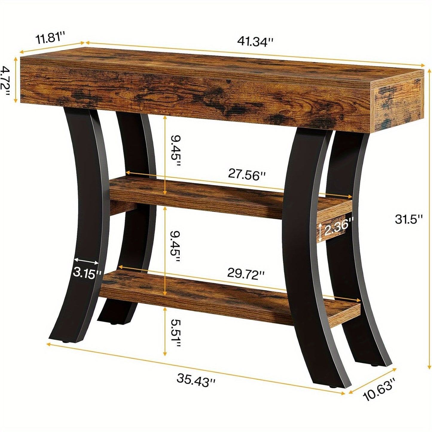 Sidetable – Haltafel – Sofa Tafel – Console Tafel – Wandtafel – 104 cm – 3 Opbergplanken – Rustic Brown – Gebogen Frame