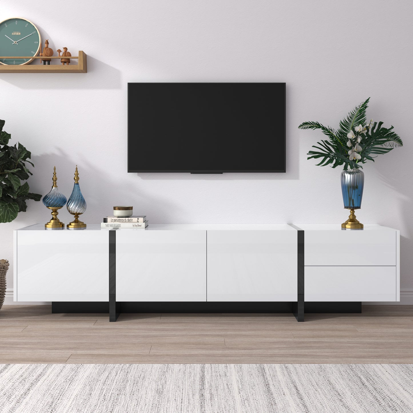 Tv-meubel – Tv-kast – Lowboard – Dressoir – Meubel – Hoogglans Wit Met Mat Zwarte Poot – 190 cm Breed Met 3 Deuren En 2 Lades