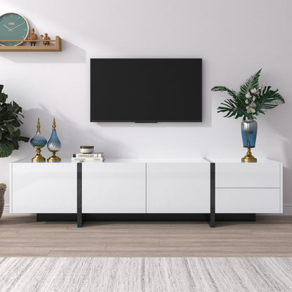 Tv-meubel – Tv-kast – Lowboard – Dressoir – Meubel – Hoogglans Wit Met Mat Zwarte Poot – 190 cm Breed Met 3 Deuren En 2 Lades
