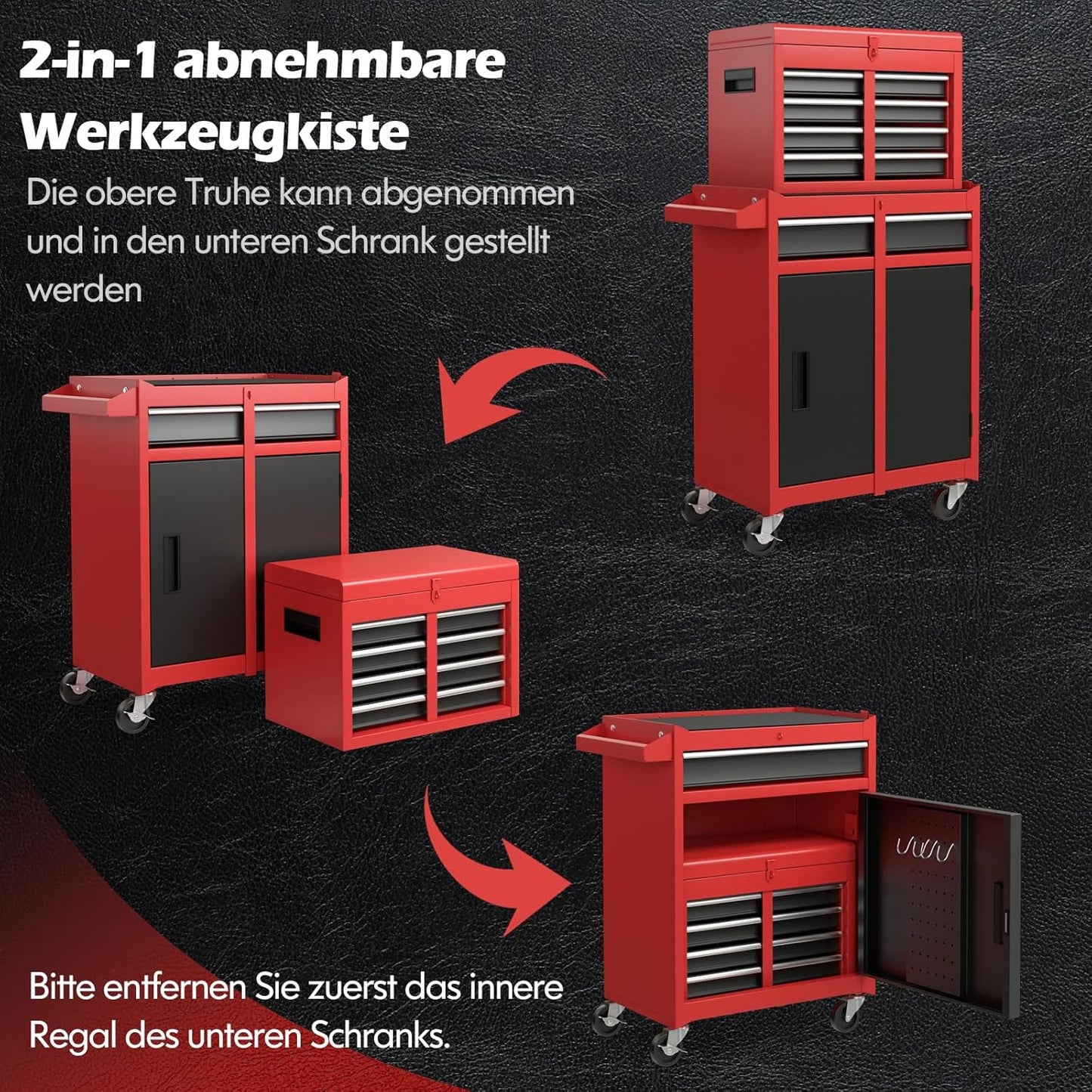 Gereedschapswagen – Werkplaatswagen – Toolcart – Mobiele Gereedschapskar – Werkbank Op Wielen – 2-in-1 Afneembare Bovenkast – 8 Vakken Met Verstelbare Planken – 100 Kg Draagkracht – Metaal Zwart-Rood