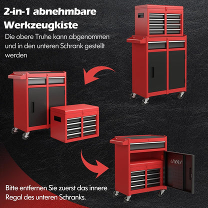 Gereedschapswagen – Werkplaatswagen – Toolcart – Mobiele Gereedschapskar – Werkbank Op Wielen – 2-in-1 Afneembare Bovenkast – 8 Vakken Met Verstelbare Planken – 100 Kg Draagkracht – Metaal Zwart-Rood