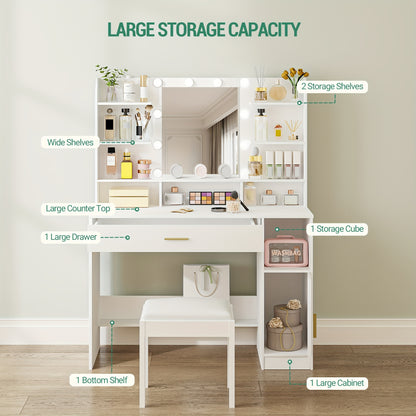 Kaptafel – Make-up Tafel – Visagie Tafel – Opmaaktafel – Dressing Table – Wit – Verstelbare Verlichting – Ruime Opberglades en Open Vakken