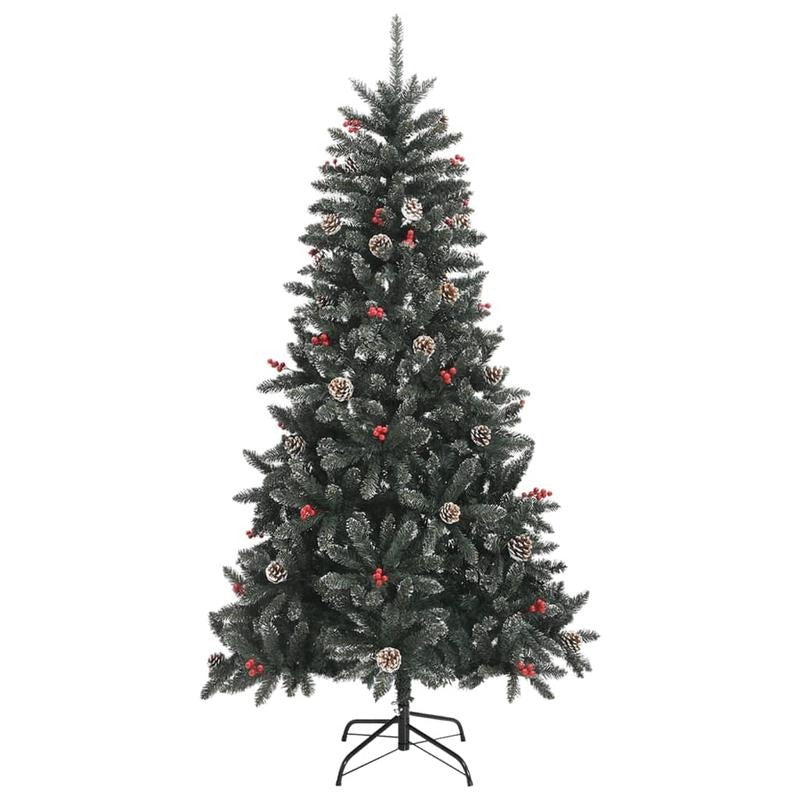180cm Large Pre-Decorated PVC Artificial Christmas Tree with Stand - Full Tree with Pine Cones & Red Berries, Sturdy Steel Base, Dark Green & White Foliage, 30 Red/Black Ornaments, 28 Berry Clusters, 489 Pointed & 268 Straigh