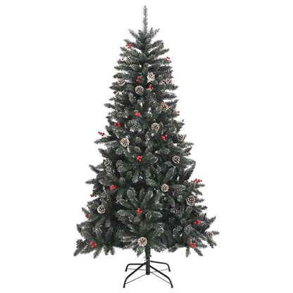 180cm Large Pre-Decorated PVC Artificial Christmas Tree with Stand - Full Tree with Pine Cones & Red Berries, Sturdy Steel Base, Dark Green & White Foliage, 30 Red/Black Ornaments, 28 Berry Clusters, 489 Pointed & 268 Straigh