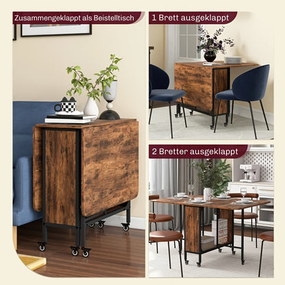 Expandable & Folding Table for 6 People with 2 Open Shelves - Portable Space-Saving Dining Table Suitable for Small Homes, Kitchens, Apartments - Heavy-Duty Wood Retro Brown/Black, Expandable Assembly