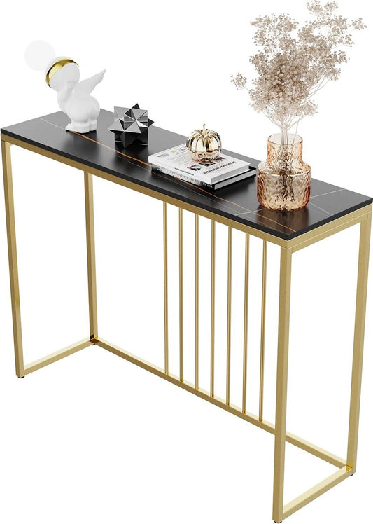 Luxe sidetable - Muurtafel - Wandtafel - Bijzettafel - Console tafel - Wandbureau - Kaptafel - Bartafel - Zwart marmer blad - Goud frame - 100 x 300 x 78.5cm