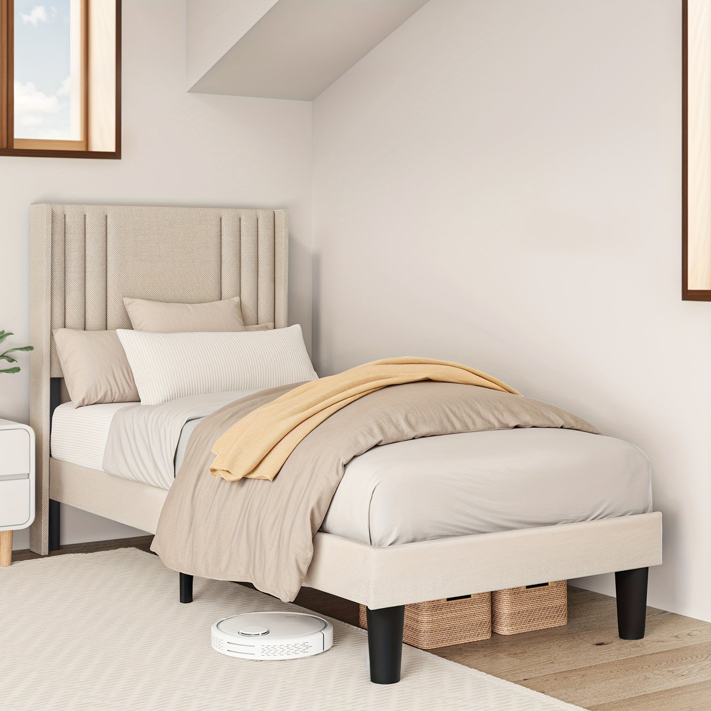 Upholstered Bed With Comfortable And Soft Backrest, Single Bed/Double Bed, Stable Bed Frame With Noise Free Design, Underbed Storage& Easy To Clean, Erfect For Any Bedroom, 90x200cm/120x200cm (Dark Grey, Beige)