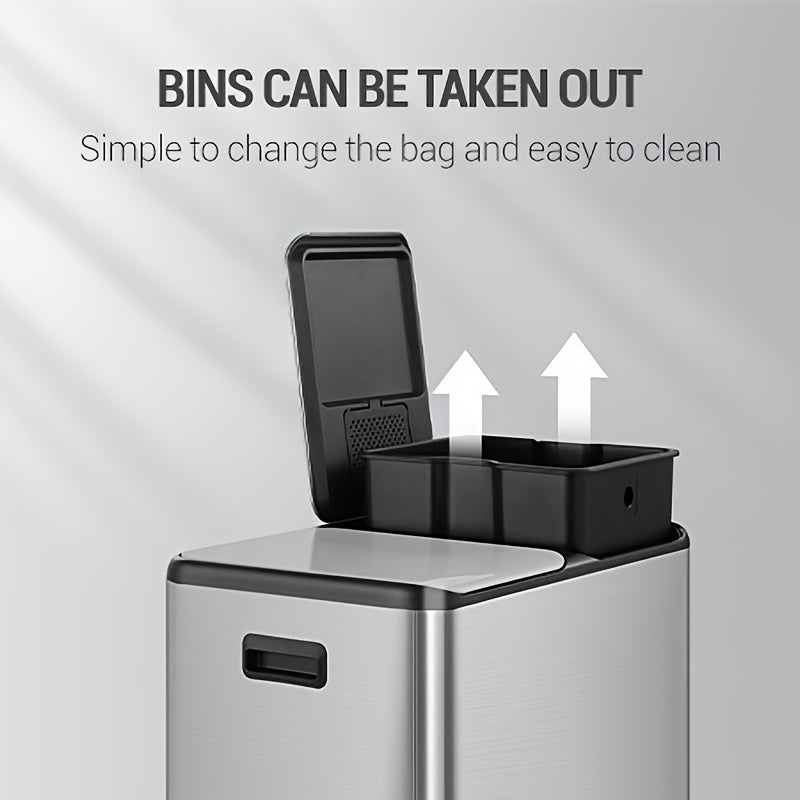 Kitchen Trash Can, Waste Separation System 3 Compartments 45L (3 X 15L), Stainless Steel Kitchen Trash Can, Pedal Bin with Color-coded Pedals, Waste Bin Quiet Slow Descent, Silvery