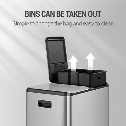 Kitchen Trash Can, Waste Separation System 3 Compartments 45L (3 X 15L), Stainless Steel Kitchen Trash Can, Pedal Bin with Color-coded Pedals, Waste Bin Quiet Slow Descent, Silvery