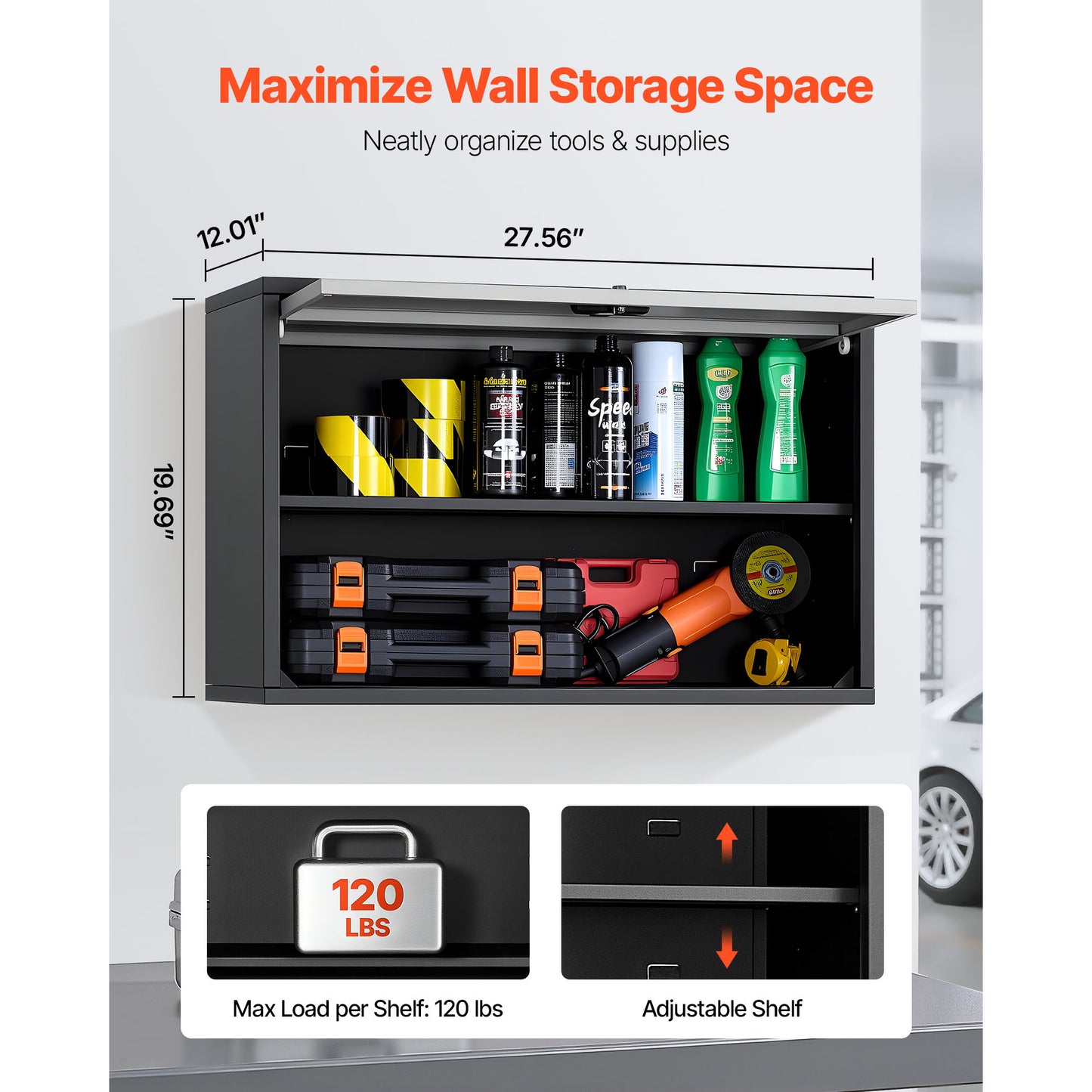 Metalen Wandkast – Geïntegreerde Opberger – Klapdeurkast – Garagekast – Werkplaatskast – Zwart – Space-saving Design – Stevig Koudgewalst Staal