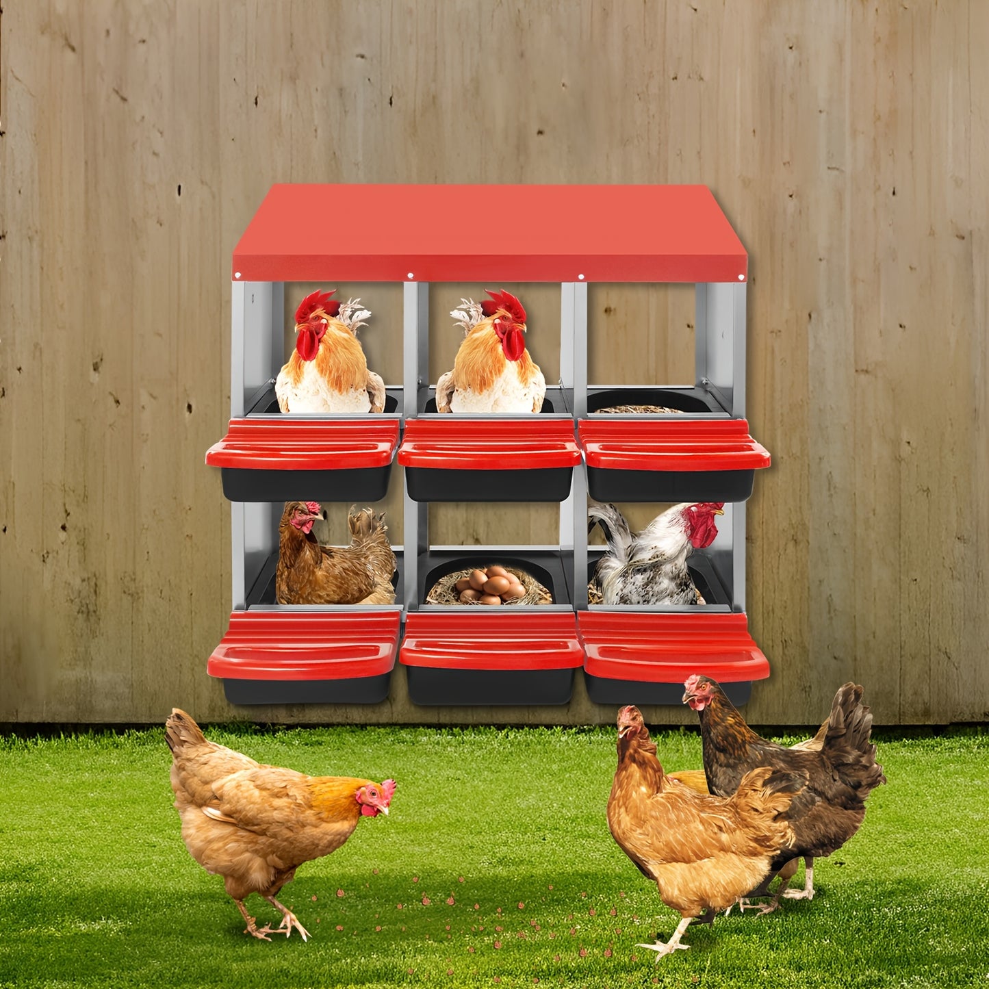 6-Compartment Heavy-Duty Plastic Chicken Nesting Box with Ventilation System & Egg Collection - Red Outdoor/Indoor Egg Laying Station, Easy-Clean Design, No Batteries/Electricity, Durable Weatherproof Construction for Backyar