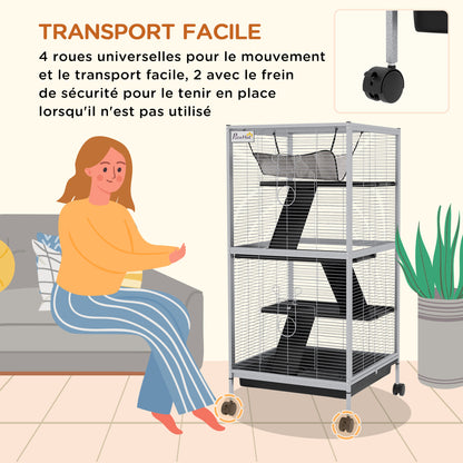 Dierenkooi – Knaagdierkooi – Chinchillakooi – Frettenkooi – Kleine Dieren Kooi – Met 4 Wielen En 2 Deuren – 3 Ramps En Hangmat – Wit – Metaal – 52x52x113,5 cm