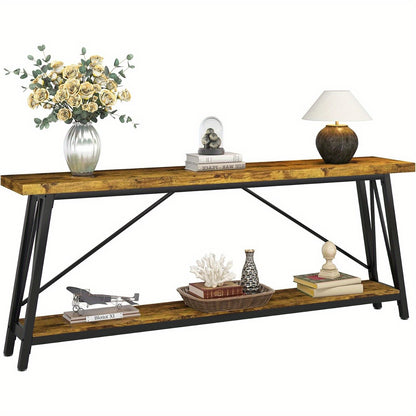 Sofa Tafel – Bijzettafel – Sidetable – Console Tafel – Haltafel – Extra Lang 180 cm – Industrieel Rustiek Bruin – Metalen Frame & Houten Blad – Ruimtebesparend Ontwerp