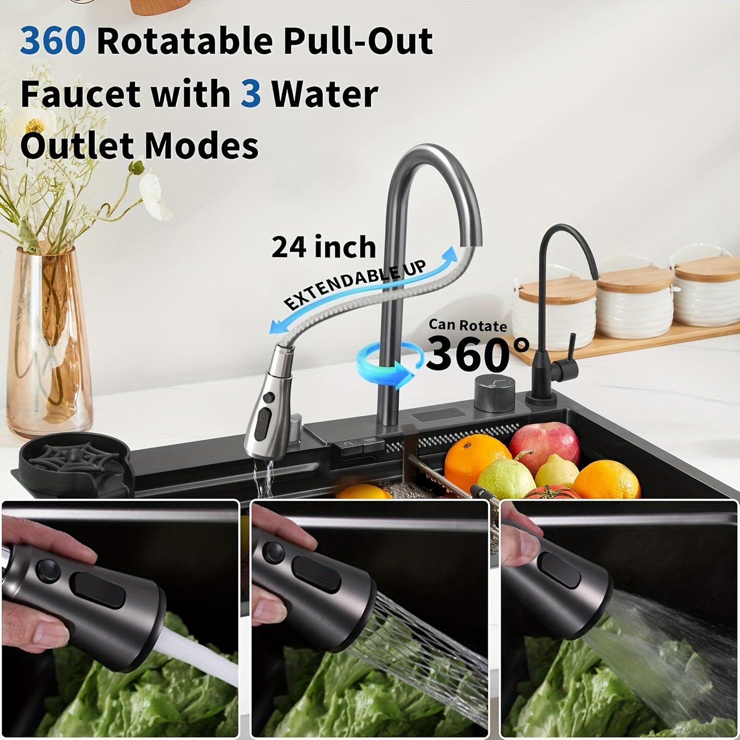 RVS Waterval Spoeltafel – Keukenspoelbak – Spoelbak RVS – Enkele Spoelbak – Onderbouw Spoeltafel – Waterspaardisplay – Uittrekbare Watervalkraan – 76,2x45,97x20,5 cm Antraciet