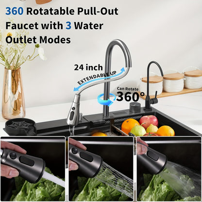 Stainless Steel Waterfall Sink With Display Screen Single Bowl Kitchen Sink RV Sink With Cup Washer Waterfall Pull-Down Faucet And Complete Accessories Set, Gun Gray (76.2*45.97*20.5 cm)