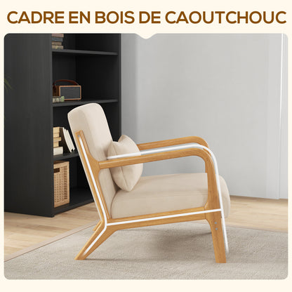 Loungestoel – Fauteuil – Relaxstoel – Woonkamerstoel – Veloursstoel – Houten Frame – Diepe Zitting – Beige Velvet