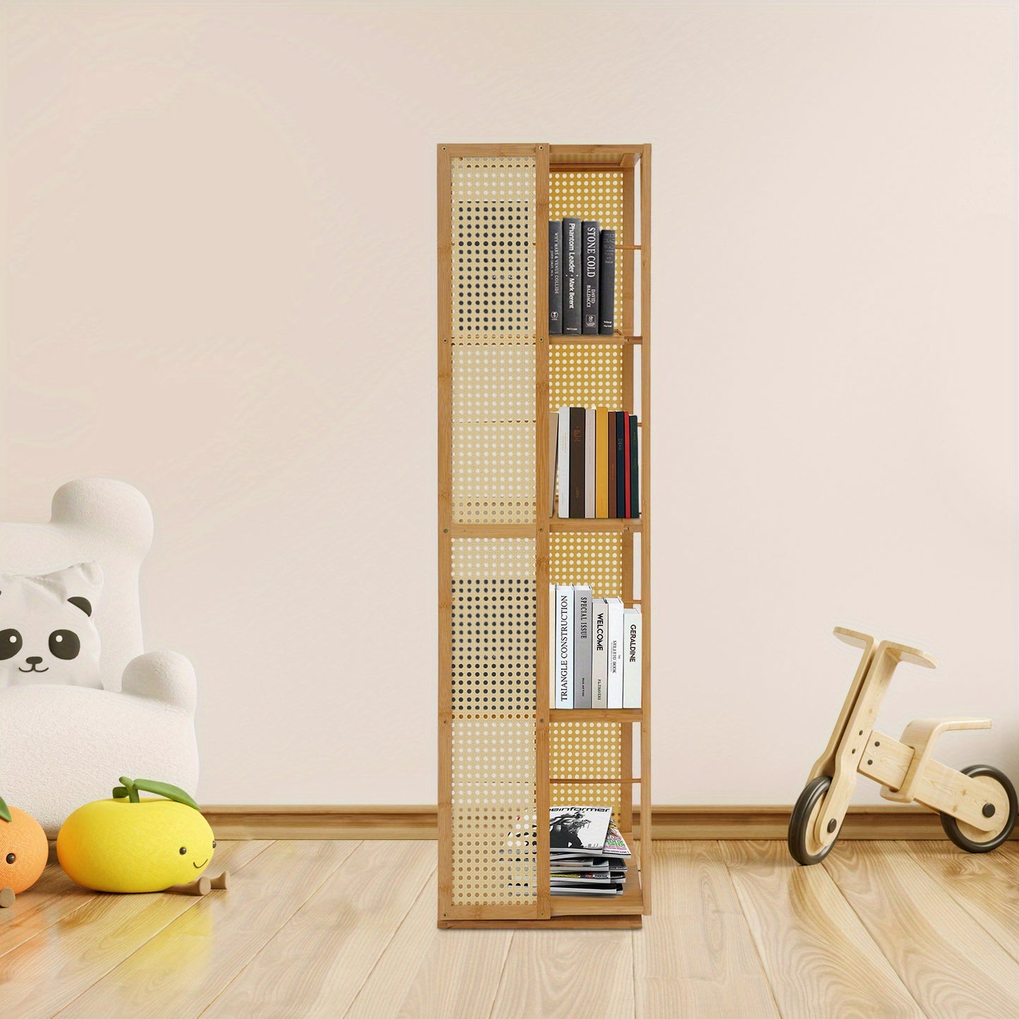 Boekenkast – Boekenrek – Opbergkast – Vakkenkast – Stellingkast – Draaibaar 360° – Duurzaam Moso Bamboe & Kunststof – Ruimtebesparend Verticaal Ontwerp – 123 cm Hoogte – 10 kg Draagvermogen per Plank