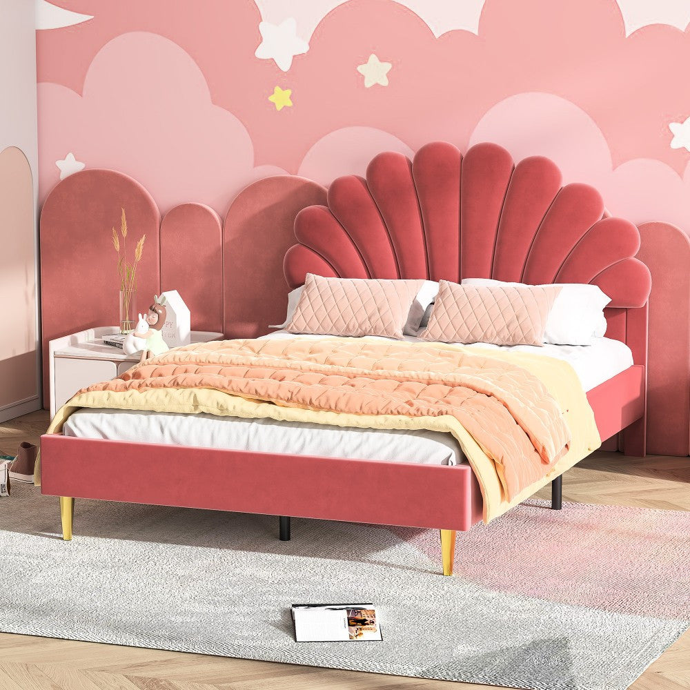 Tweepersoonsbed – Bedframe – Boxspring – Bed – Slaapbed – Rood Fluwelen Bekleding – 140 x 200 cm – Stevig Houten Frame